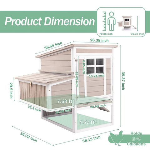Two Story Outdoor Chicken Coop With Nesting Box And Pull Out Tray, 39.13 Inch Long Fir Wood Hen House For 1 To 3 Chickens, dimensions shown