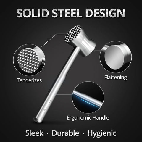 Heavy Duty Stainless Steel Meat Tenderizer Hammer With Textured Pyramid Surface, Anti Rust, Dishwasher Safe, Ergonomic Grip