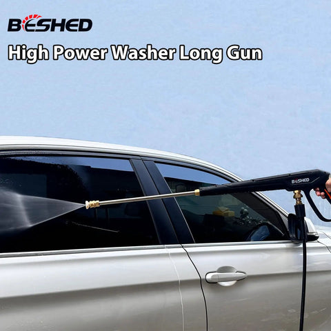 Heavy Duty Pressure Washer Gun Kit With 37 Inch Extension Wand, M22 Fitting, Five Nozzle Tips, 3000 PSI Power Washer Hand Gun For Tough Outdoor Cleaning spraying a car windshield