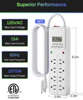 Eight Outlet Surge Protector With Seven Day Digital Timer And Four Timed Outlets Plus Four Always On, White, specs view.