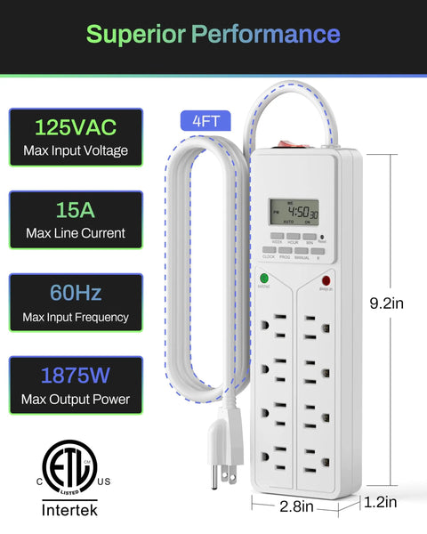 Eight Outlet Surge Protector With Seven Day Digital Timer And Four Timed Outlets Plus Four Always On, White, specs view.