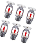 Heavy Duty 6 Pack Automatic Fire Sprinkler Heads Featuring A Quick Acting 68 Degree Liquid Pendant Design For Straight Up Reliable Ceiling And Wall Coverage, chrome finish, with red activation liquid.