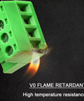Five Pair Four Pin 5.08mm Pitch Screw Terminal Block Connector Kit Pluggable With Phoenix Plug For 12 To 28 AWG Wire Plug And Play Ready Durable PA66 Plastic Green Housing Ideal For DIY Electronics Projects flame test view