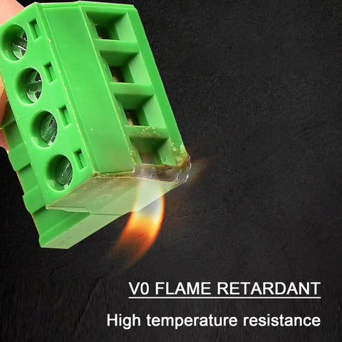 Five Pair Four Pin 5.08mm Pitch Screw Terminal Block Connector Kit Pluggable With Phoenix Plug For 12 To 28 AWG Wire Plug And Play Ready Durable PA66 Plastic Green Housing Ideal For DIY Electronics Projects flame test view