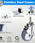 Heavy Duty Four Inch Stainless Steel Caster Wheels Built Tough With Side Lock Brake And Smooth Rolling Non Marking Rubber Swivel Casters close-up of dual side brake and TPR tread