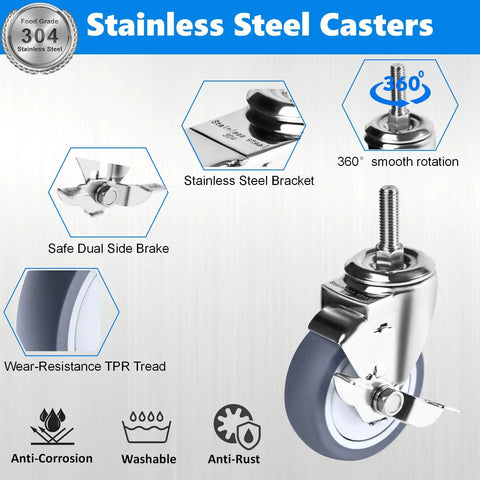 Heavy Duty Four Inch Stainless Steel Caster Wheels Built Tough With Side Lock Brake And Smooth Rolling Non Marking Rubber Swivel Casters close-up of dual side brake and TPR tread