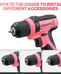Close-up of Pink 8V Cordless Drill And Screwdriver Combo Kit With 43 Piece Slick Accessory Bundle featuring adjustable chuck.