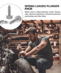 Heavy Duty Stainless Steel Locking Spring Plunger With Knurled Handle 2 Pack in use on a motorcycle toolbox in a garage setting.
