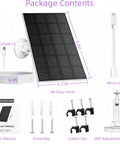 Package contents of Outdoor Solar Panel Charger For Security Cameras, 3W USB C And Micro USB Ports, includes cables, mount, and manual.