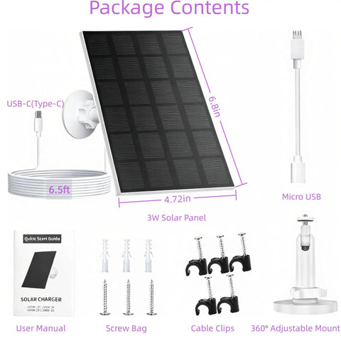 Package contents of Outdoor Solar Panel Charger For Security Cameras, 3W USB C And Micro USB Ports, includes cables, mount, and manual.