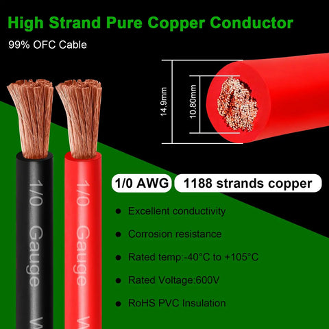 Beefy 1/0 AWG Battery Cable 5ft Red And 5ft Black Heavy Duty Welding Cable, Flexible Stranded Oxygen-Free Copper Wire For Automotive, Inverter, Solar, Marine, Generator, 600V, High Conductivity. 1/0 AWG 1188-strand red black OFC cable ends