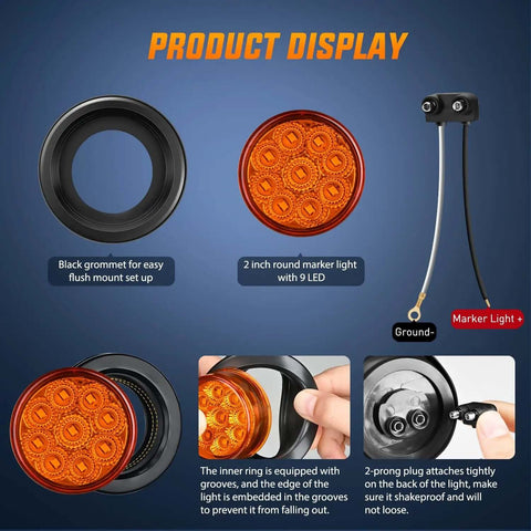 Product display of 2 Inch Round Amber Marker Light With 9 LEDs, Flush Mount Clearance Light, Plug Grommet Pigtail, Hardwired 12V.