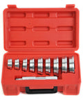Open red case showing Nine Tool Wheel Bearing Race Seal Driver Installer Kit for Cars Trucks and SUVs with nine drivers.
