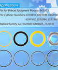 Tilt Hydraulic Cylinder Seal Kit For Bobcat Skid Steer Loader Models 630 631 632 642B 643 645 653 730 731 732 741 742 743 751 753 843 853 Replaces 6804605 Beefed Up Heavy Duty Direct Replacement Kit components shown with application details.