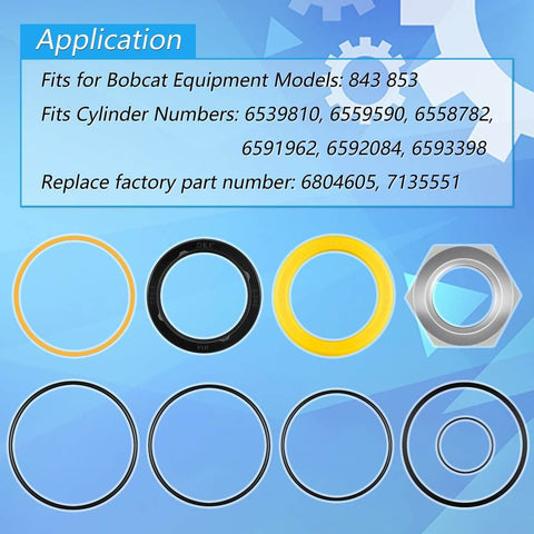 Tilt Hydraulic Cylinder Seal Kit For Bobcat Skid Steer Loader Models 630 631 632 642B 643 645 653 730 731 732 741 742 743 751 753 843 853 Replaces 6804605 Beefed Up Heavy Duty Direct Replacement Kit components shown with application details.