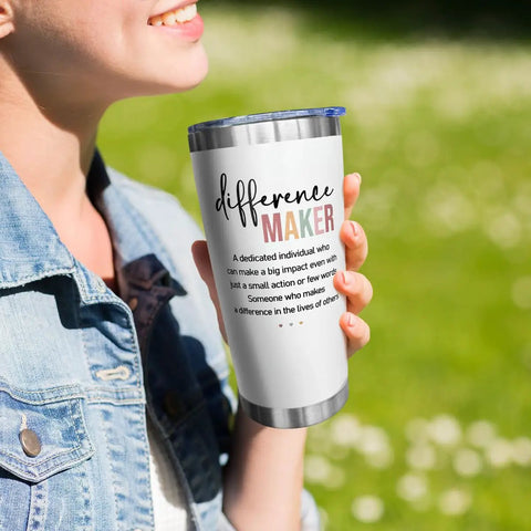 20 Oz Stainless Steel Tumbler Vacuum Insulated Daily Driver Cup For Women Leaders Boss Lady Coworker Teacher Office Anniversary Birthday Christmas Thank You Motivational Quote with 'Difference Maker' text held by a person outdoors