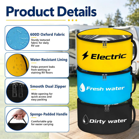 Three color-coded bags for Reinforced RV Hose Storage Organizer With Three Color Coded Bags Clear Labels And Waterproof Cover.