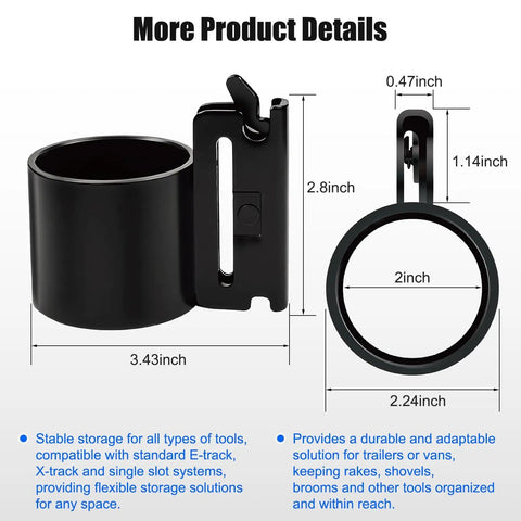 Five Pack Heavy Duty E Track Tool Hangers With 600 Lb Capacity For Enclosed Trailers Trucks And Vans Universal E Track X Track Shovel And Broom Organizer shown in measurements with black finish