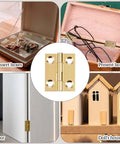 Eight Piece One Inch Brass Hinges Set With Thirty Eight Gold Screws for jewelry boxes, small cabinets, and folding cabinets shown in use.