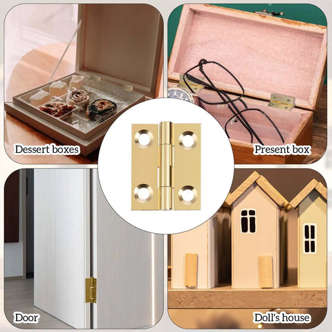 Eight Piece One Inch Brass Hinges Set With Thirty Eight Gold Screws for jewelry boxes, small cabinets, and folding cabinets shown in use.
