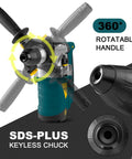 Beastly Power Heavy Duty 1-1/4 Inch SDS Plus Rotary Hammer Drill With 13 Amp Motor, showing 360° rotatable handle and keyless chuck.