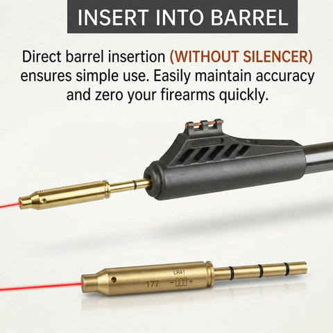Laser Bore Sighter End Barrel For Revolvers Pistols And Rifles, Easy Fit, brass construction, in use demonstrating direct insertion