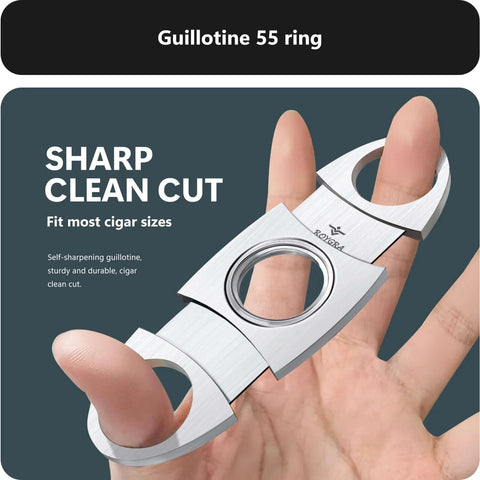 Roygra 3-pack stainless steel guillotine cigar cutter; fits most cigar sizes; held in hand.
