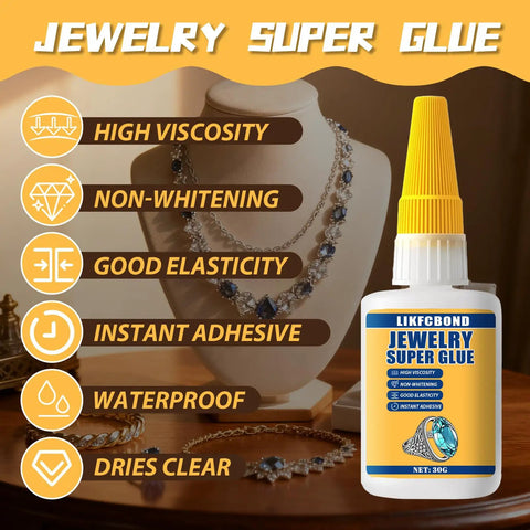 Clear Jewelry Glue For Accessories Quick Dry Cyanoacrylate Adhesive 30g with necklaces and rings displayed