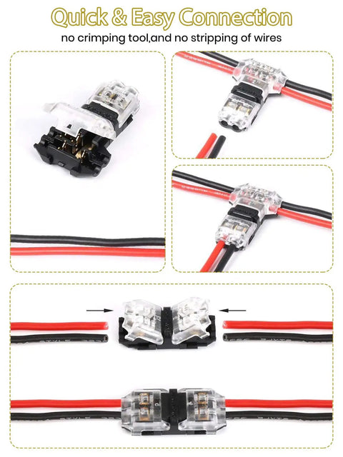 Low Voltage Wire Connectors 20 Pack 2 Pin 3 To 2 Way Quick Splice No Strip I Type T Tap Connectors with red and black wires
