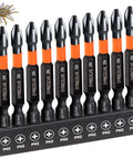 Front view: ten PH2 Phillips screwdriver bits with orange sleeves in a black magnetic 1/4 in hex shank bit holder