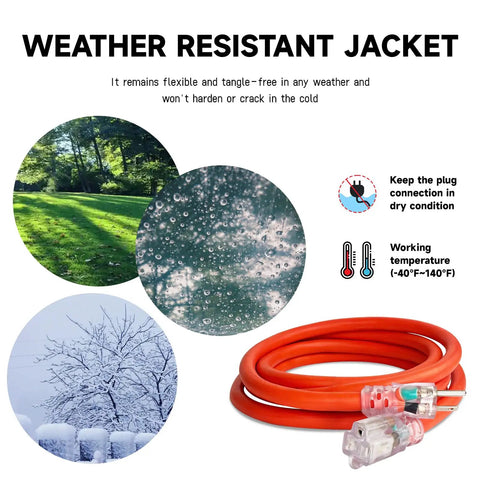 25 Foot Lighted Outdoor Extension Cord With Beefy 10/3 SJTW Heavy Duty Orange Cable, weatherproof, shown coiled with LED indicator