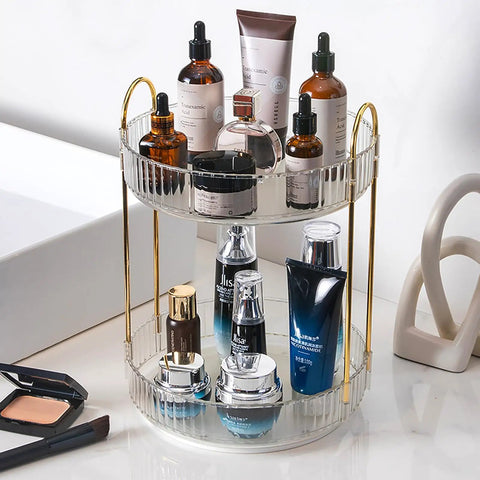 Rotating Makeup Organizer 2 Tier Lazy Susan Trays, Clear Countertop Storage On Bathroom Counter With Skincare And Perfumes, 360 Degree Spin