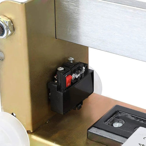 Close-up of Pro Grade 1200mm Manual Tile Cutter With Infrared Laser Precision Cut's on/off switch and metal frame.