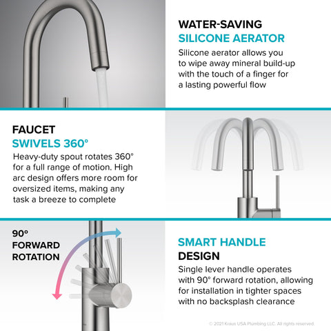 Oletto Single Handle Kitchen Bar Faucet With QuickDock Top Mount Install No Fuss, swivel design and silicone aerator shown