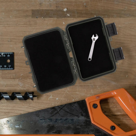 Dang Tough Portable Waterproof Plastic Toolbox With Rugged Latches For Nails Screws And Small Parts, open with wrench inside.