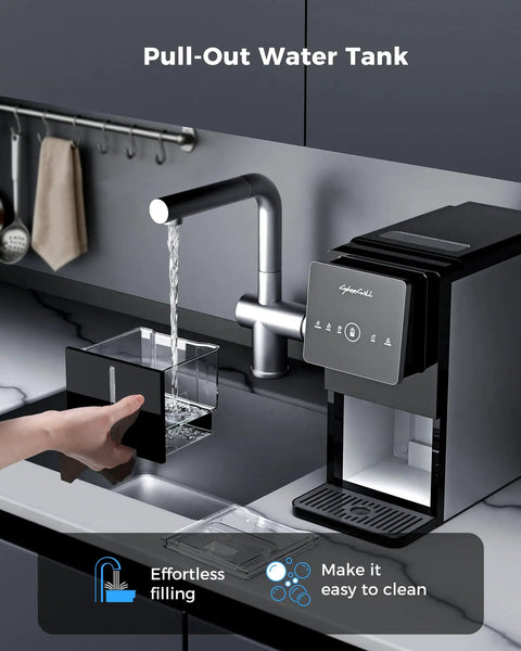 Close-up of Countertop Nugget Ice Maker With Touchless Dispenser showcasing pull-out water tank feature for easy filling.