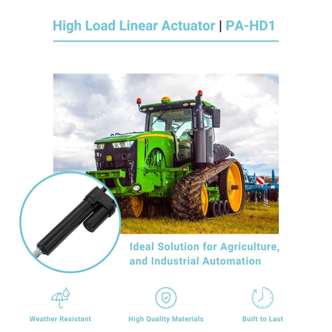 PA-HD1 12V high-load linear actuator close-up inset with green John Deere tractor in field background