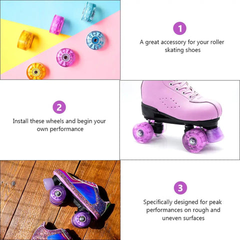Light Up Quad Skate Wheels Set of 4 with Bearings for Indoor and Outdoor Roller Skates, Iridescent Pink Purple Glow with skates