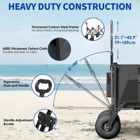 Heavy Duty Beach Wagon with 9 Inch All-Terrain Wheels, features, ergonomic handle, steel frame, and oxford cloth