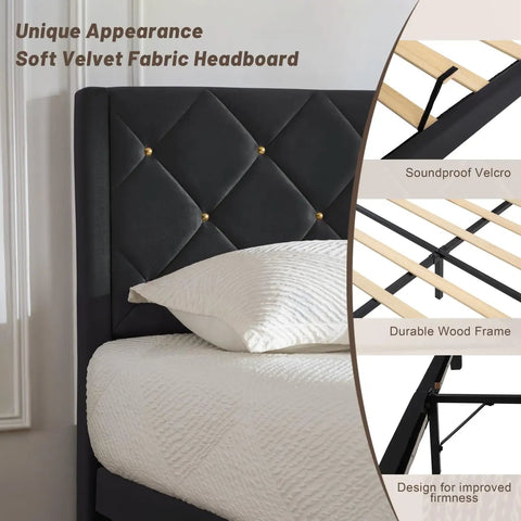 Queen Size Platform Bed Frame With Velvet Upholstered Headboard Featuring Modern Rivet Grid Pattern And High Density Foam, close-up of headboard and slats.