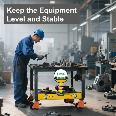 Worker adjusts workbench with plate caster leveling wheels with ratchet handle, industrial use heavy duty retractable casters