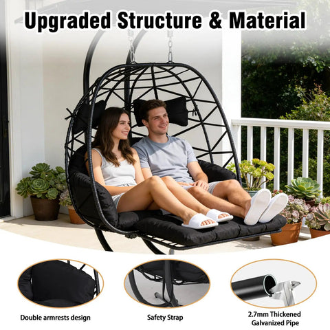 Couple relaxing on Two Person Outdoor Double Egg Chair With Stand And Adjustable Canopy For Patio And Garden Extra Large Hanging Chair