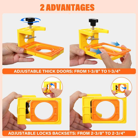DIY Friendly Heavy Duty Wood Door Lock Installation Kit With C Clamp Jig Guide Template And Carbon Steel Hole Saw Set For 1 3 8 To 1 3 4 Inch Doors showing adjustable sizes