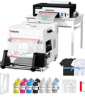 A3 DTF Printer With Fast XP600 Printhead Featuring Integrated Powder Shaker Quick Dryer For Apparel Transfer Machine on a table with inks and t-shirts.