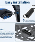 Easy installation guide showing Beefy Heavy Duty Two Point Five Inch Short Hook Recliner Springs For Couch And Sectional Repair.