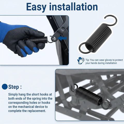 Easy installation guide showing Beefy Heavy Duty Two Point Five Inch Short Hook Recliner Springs For Couch And Sectional Repair.