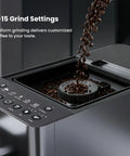 Hella Smooth 20 Bar Automatic Espresso Machine Featuring Built In Grinder And One Touch Brew for single double shots or Americanos with 1-15 grind settings.