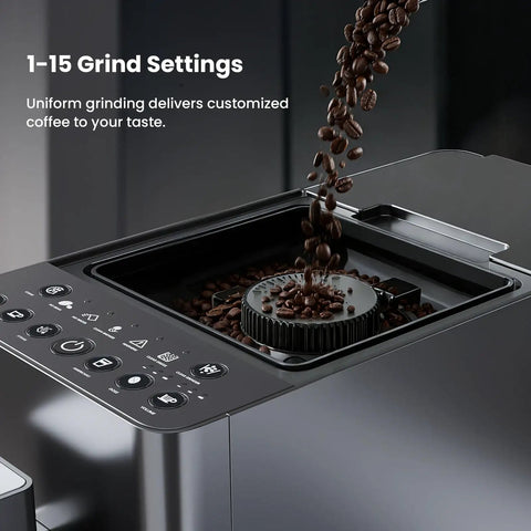 Hella Smooth 20 Bar Automatic Espresso Machine Featuring Built In Grinder And One Touch Brew for single double shots or Americanos with 1-15 grind settings.