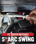 Close-up of hand using a 72-tooth ratchet from 256 Piece Mechanics Tool Set With 72 Tooth Low Profile Ratchet And 2 Drawer Tool Box Pro Grade All In One Kit For Auto Home And Shop Projects Includes Sockets Wrenches And More in tight space
