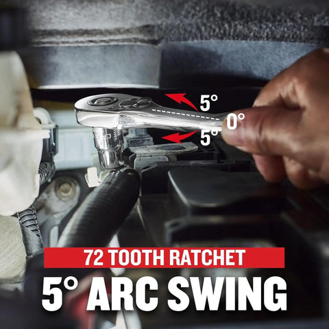 Close-up of hand using a 72-tooth ratchet from 256 Piece Mechanics Tool Set With 72 Tooth Low Profile Ratchet And 2 Drawer Tool Box Pro Grade All In One Kit For Auto Home And Shop Projects Includes Sockets Wrenches And More in tight space